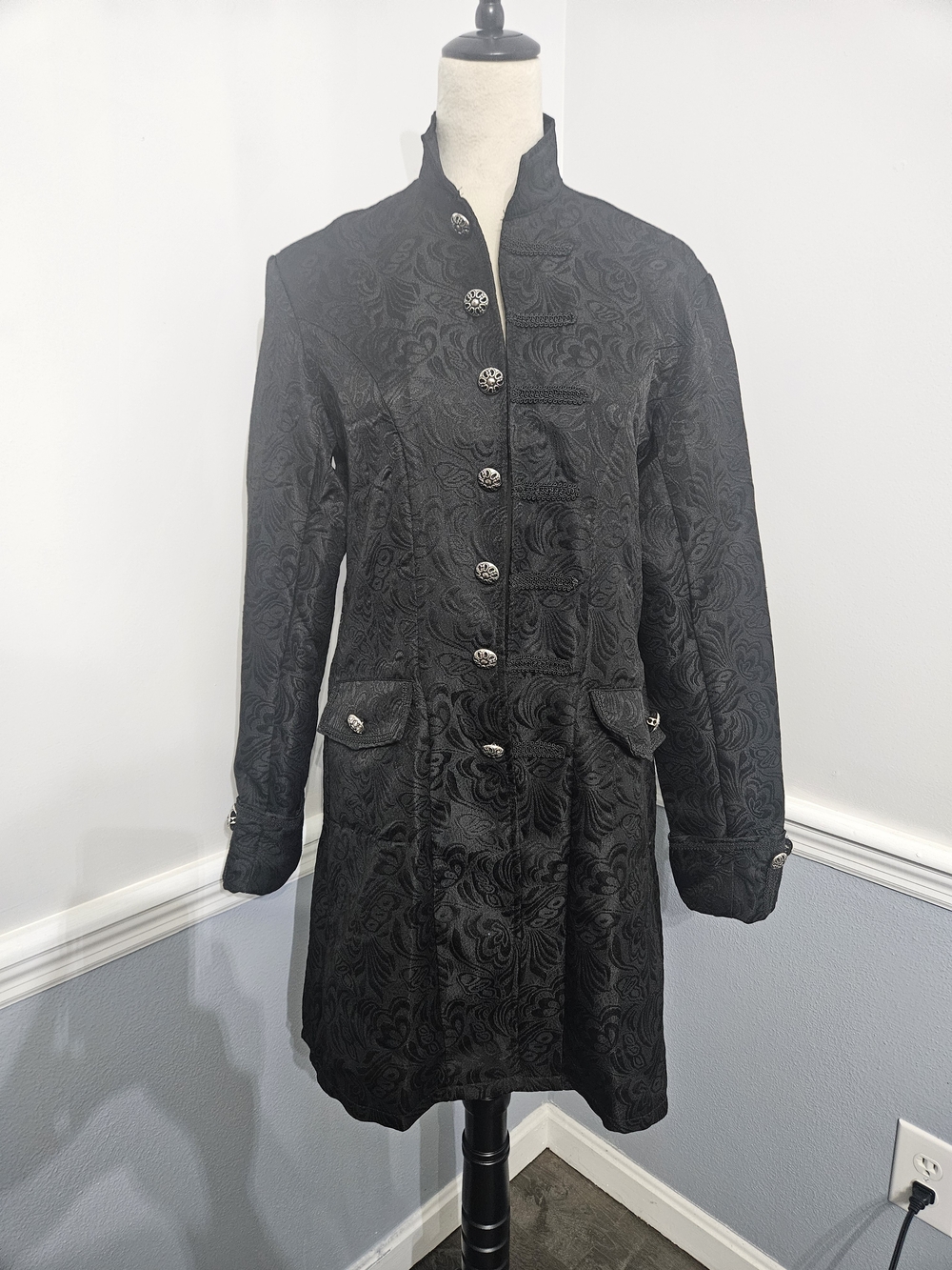Gothic Victorian H & ZY Size Small Black Brocade Stand-Collar Trench Coat